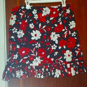 Dress Barn Midi Red Black White floral Skirt w flounced bottom Size 16